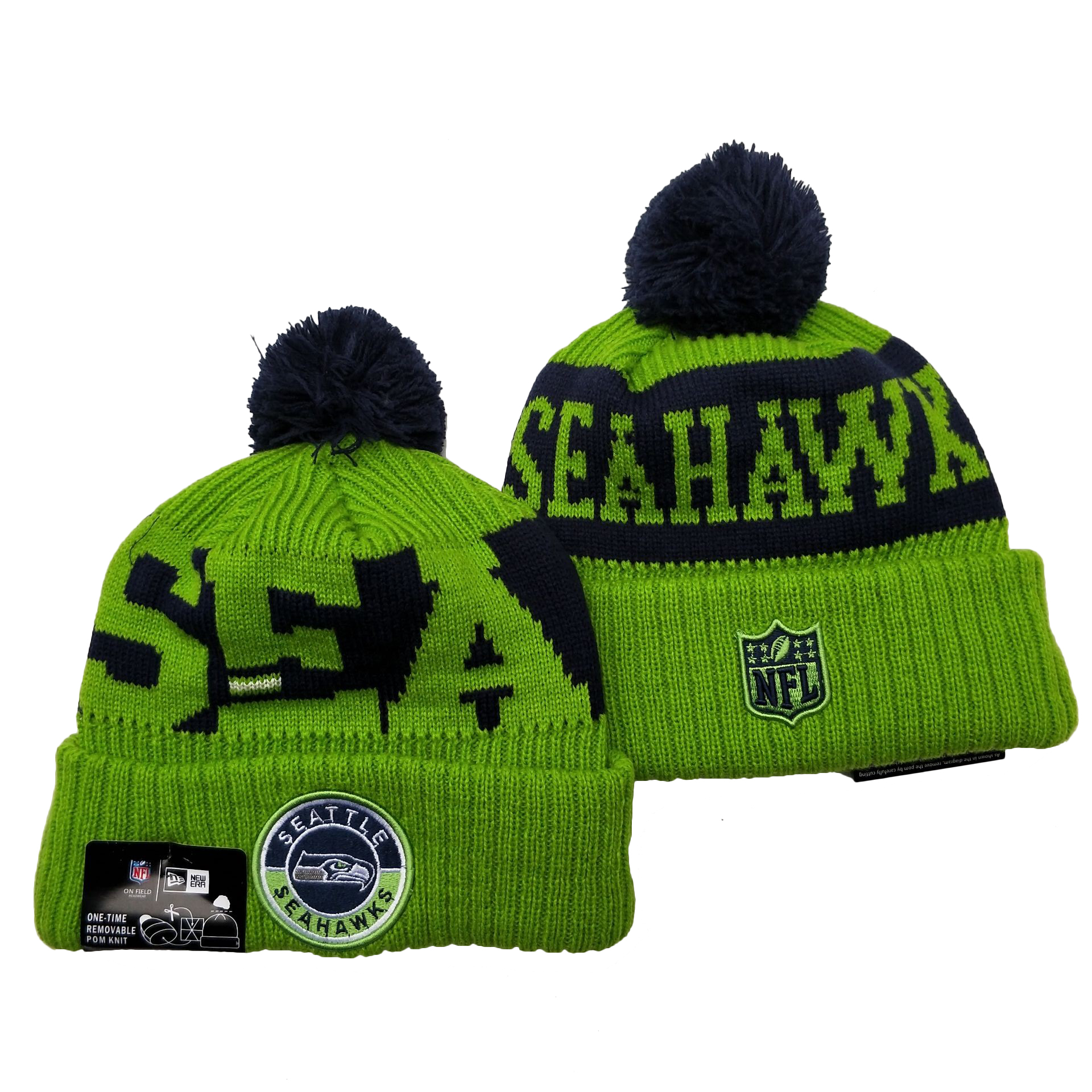Seahawks Team Logo Green 2020 NFL Sideline Pom Cuffed Knit Hat YD