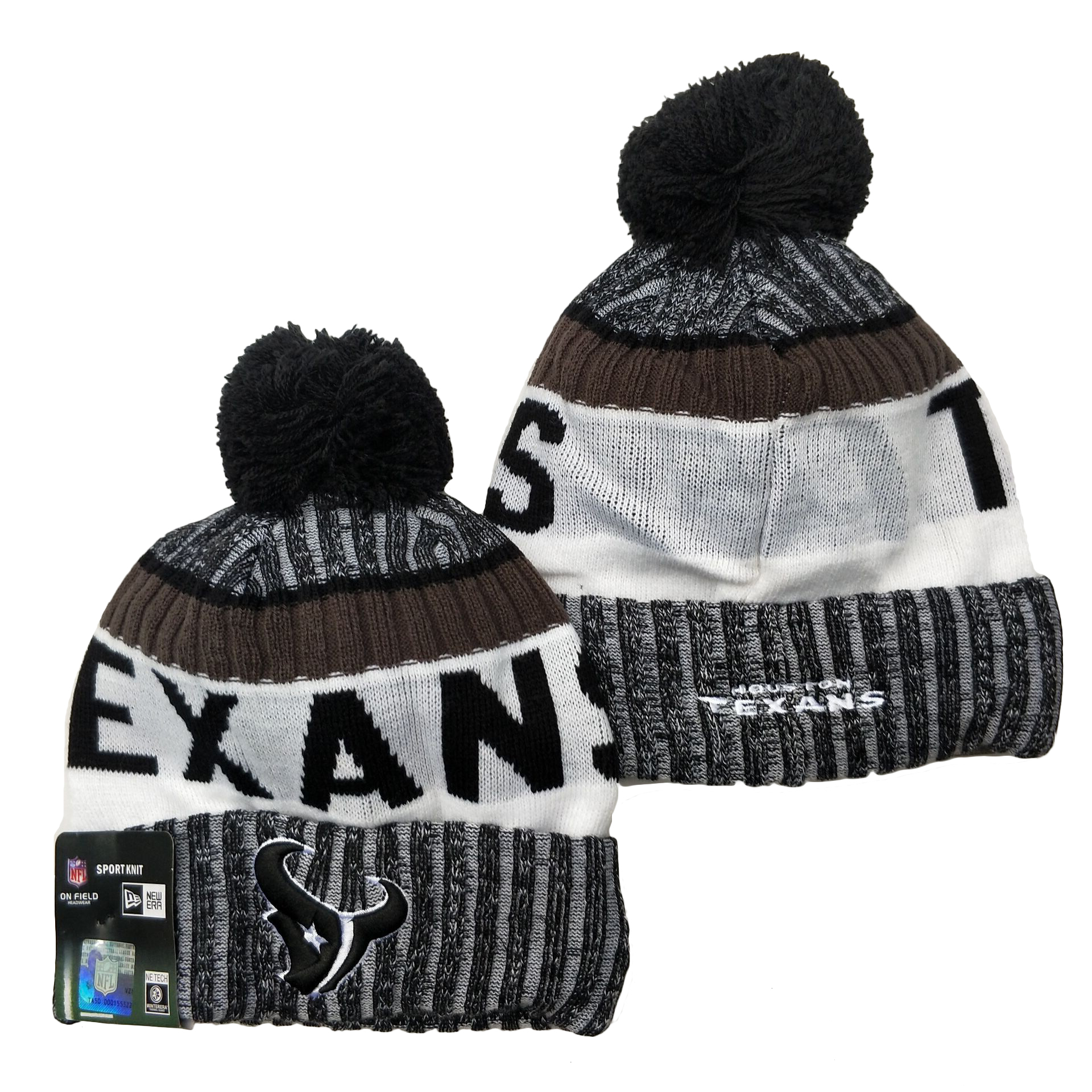 Texans Team Logo Gray Black White Pom Cuffed Knit Hat YD
