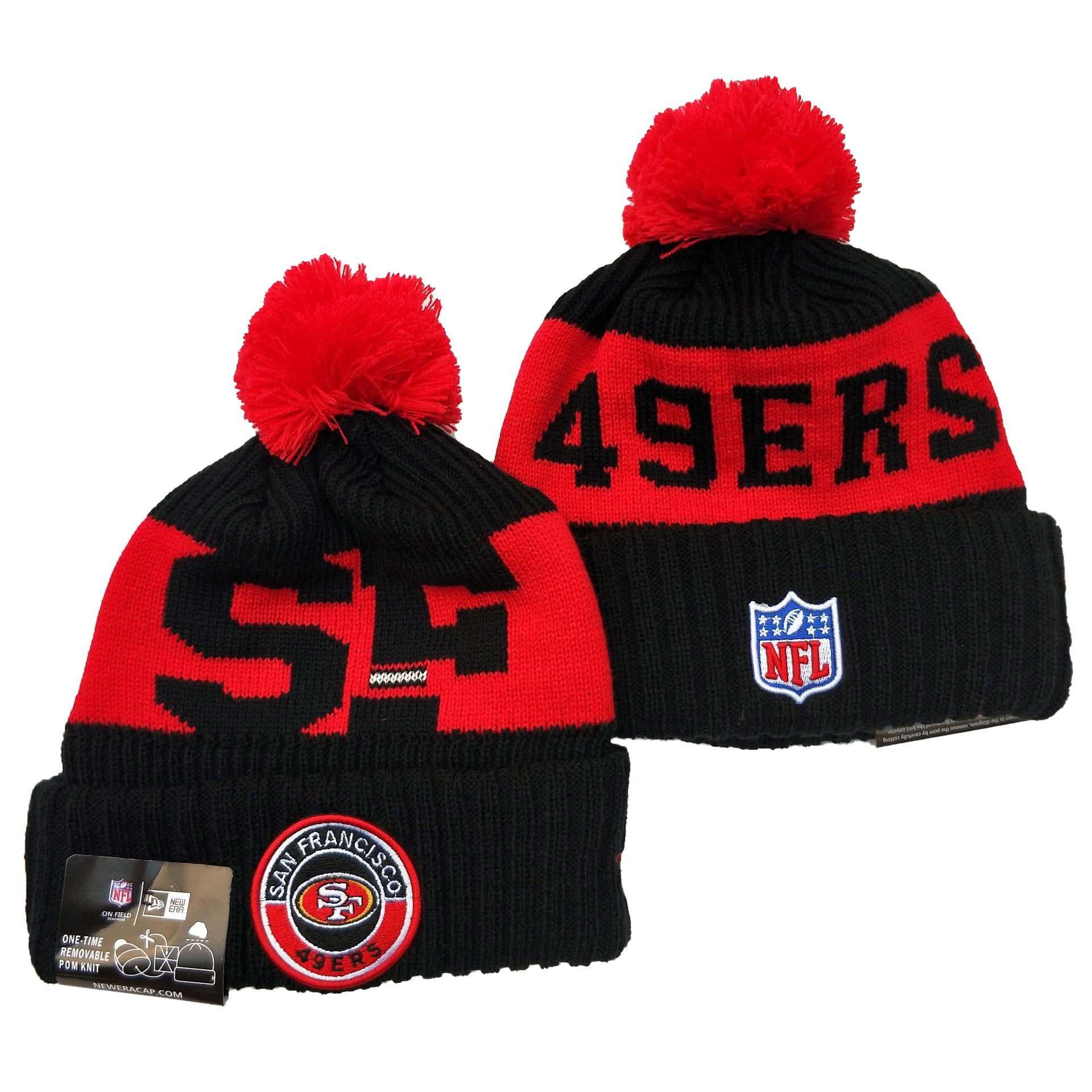 49ers Team Logo Black Red 2020 NFL Sideline Pom Cuffed Knit Hat YD