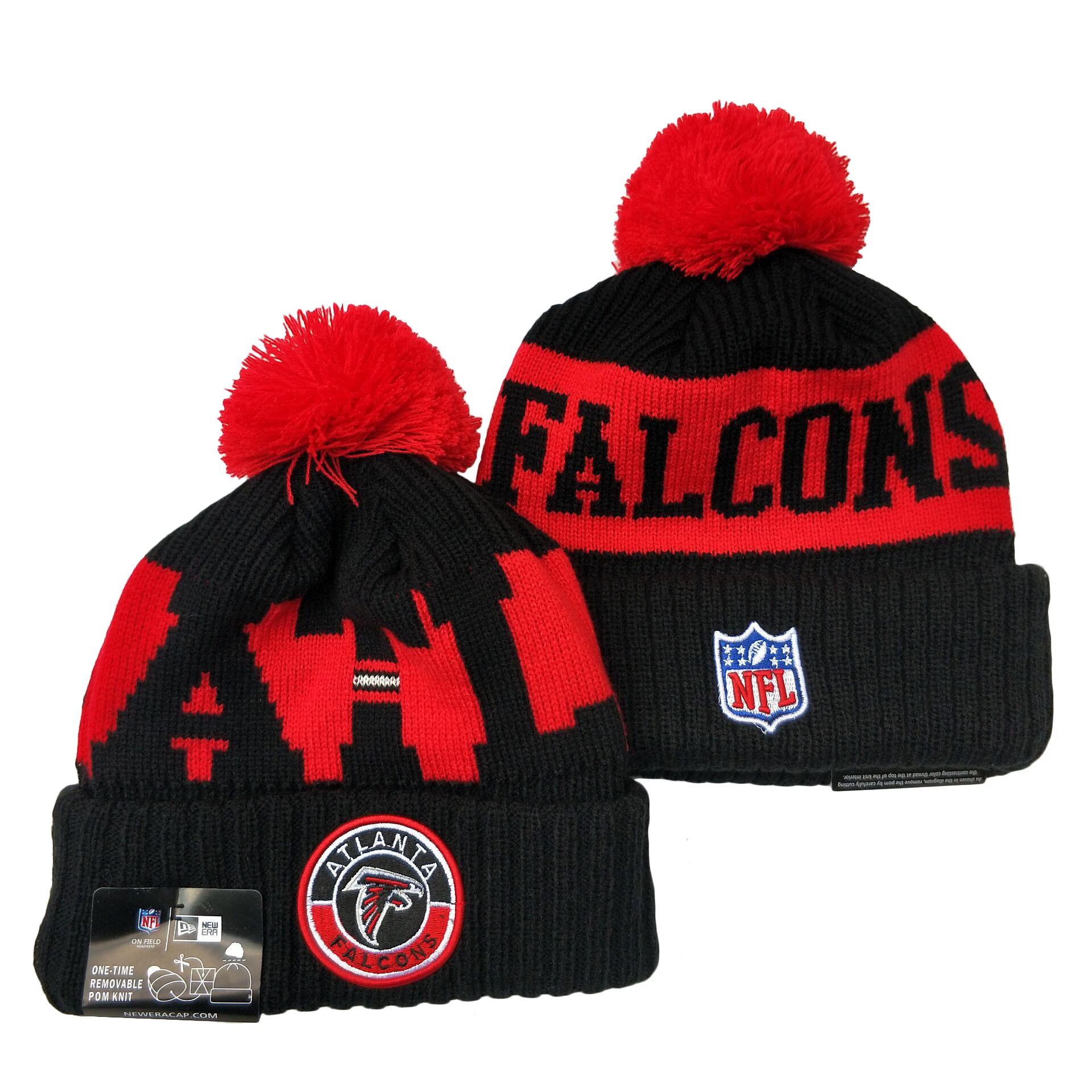 Falcons Team Logo Black Red 2020 NFL Sideline Pom Cuffed Knit Hat YD