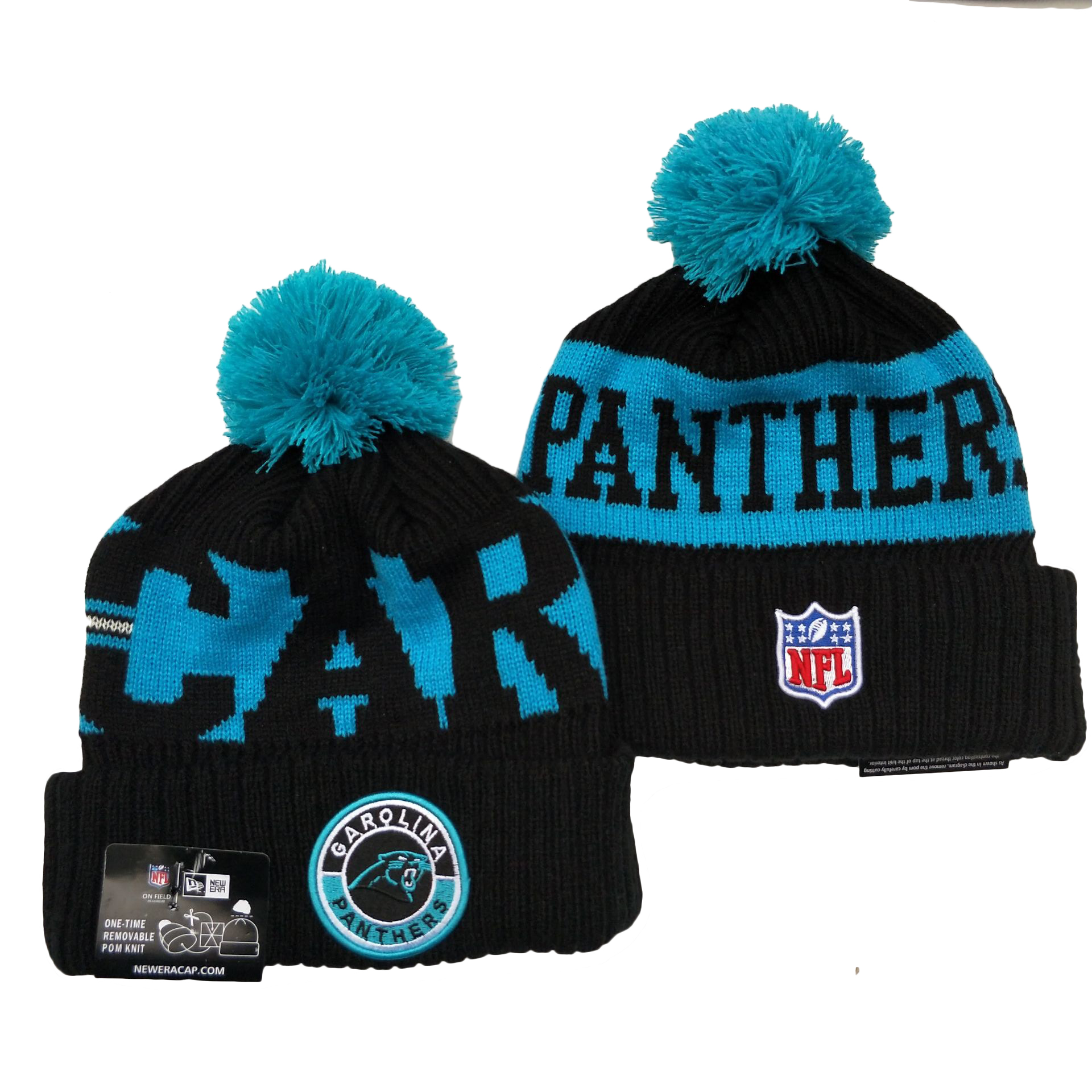 Panthers Team Logo Black 2020 NFL Sideline Pom Cuffed Knit Hat YD