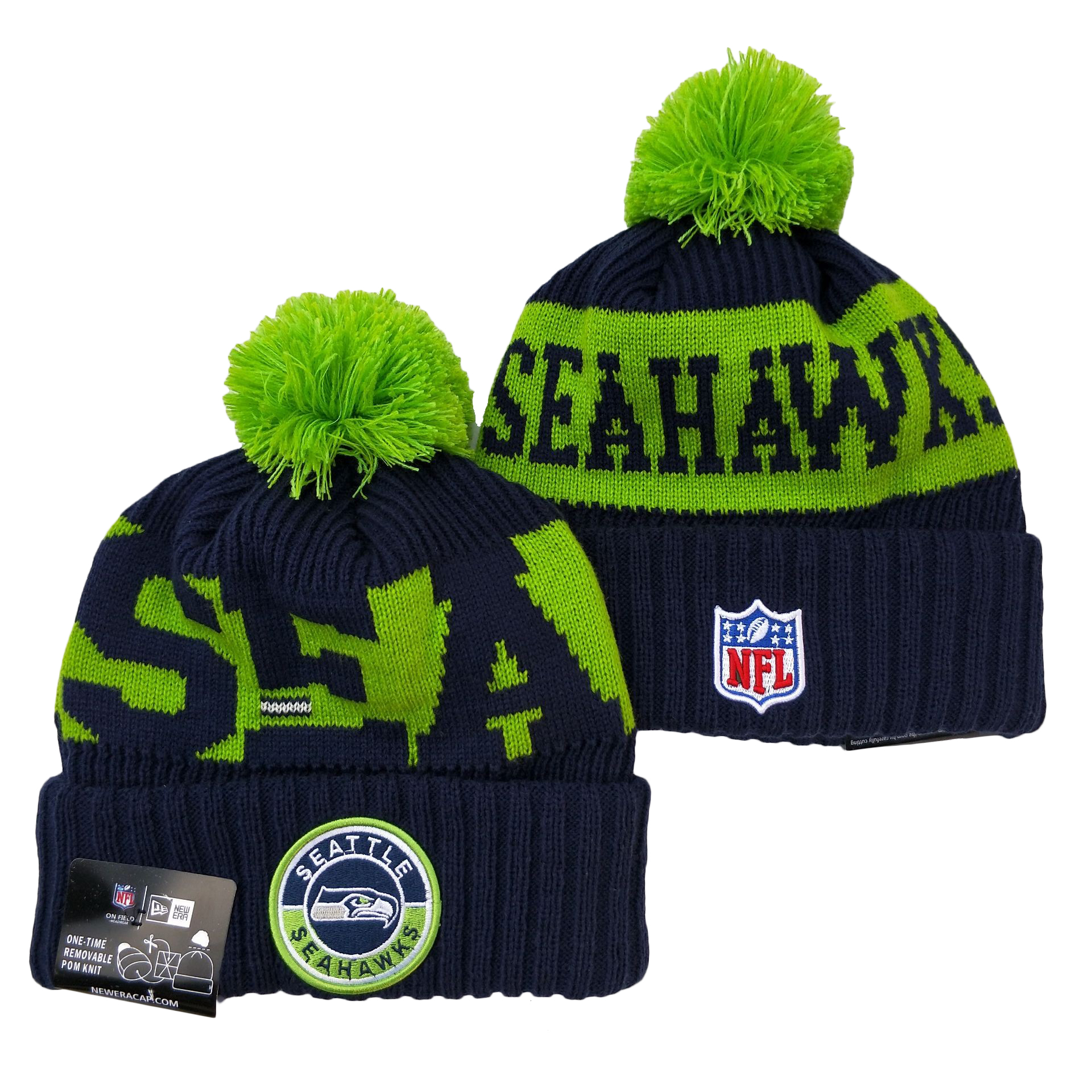 Seahawks Team Logo Navy Green 2020 NFL Sideline Pom Cuffed Knit Hat YD