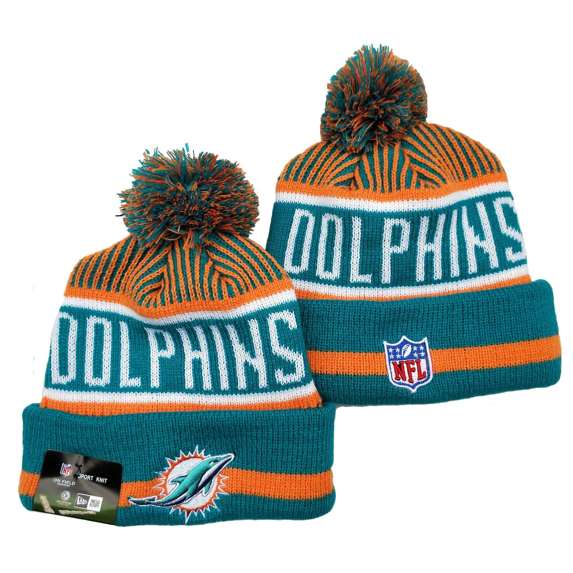 Dolphins Team Logo Aqua Orange Pom Cuffed Knit Hat YD