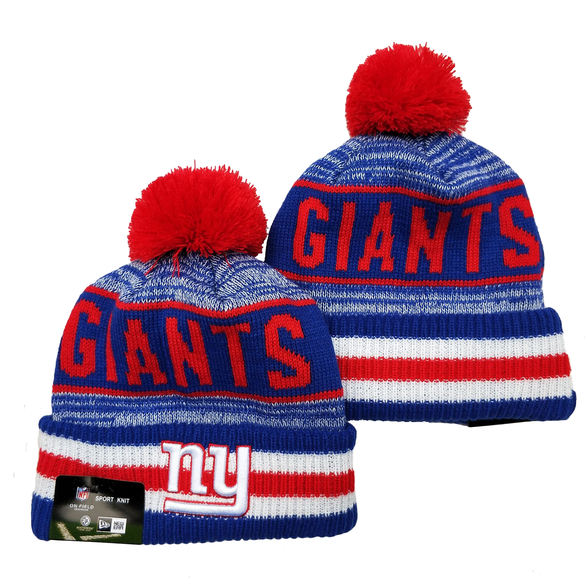 New York Giants Team Logo Royal Red Pom Cuffed Knit Hat YD