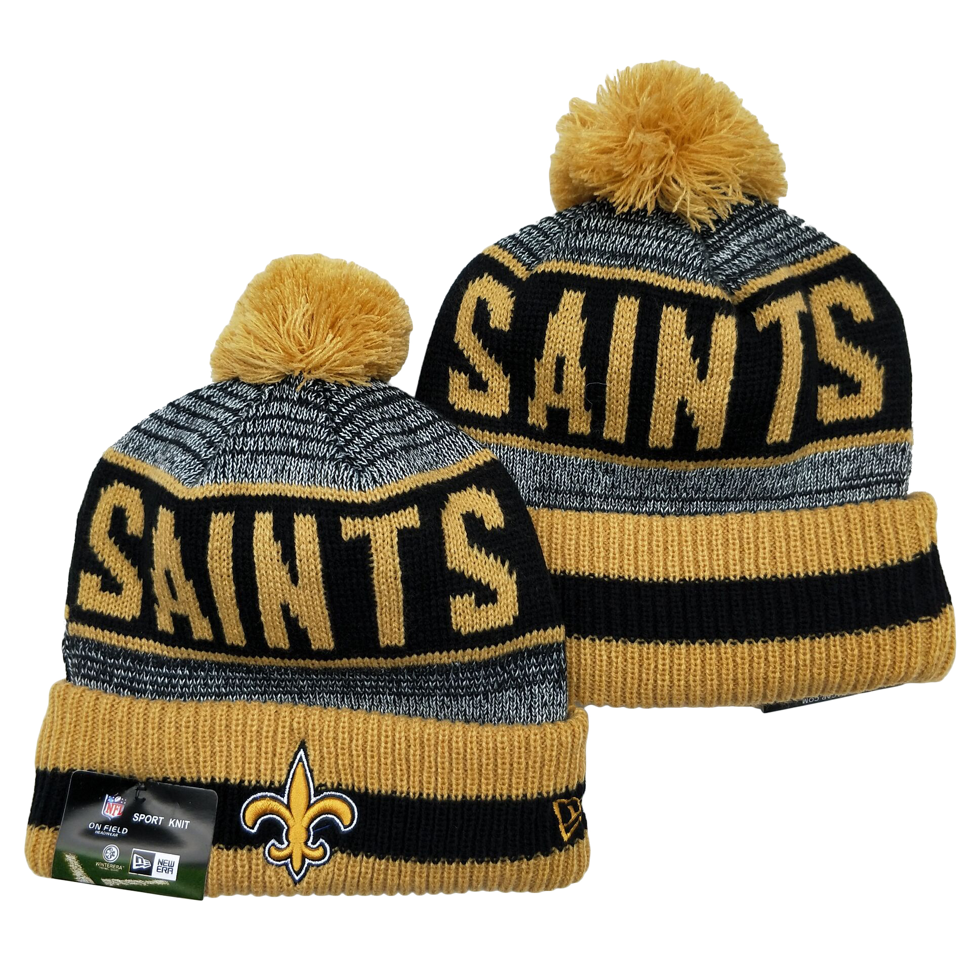 Saints Team Logo Gray Cream Pom Cuffed Knit Hat YD