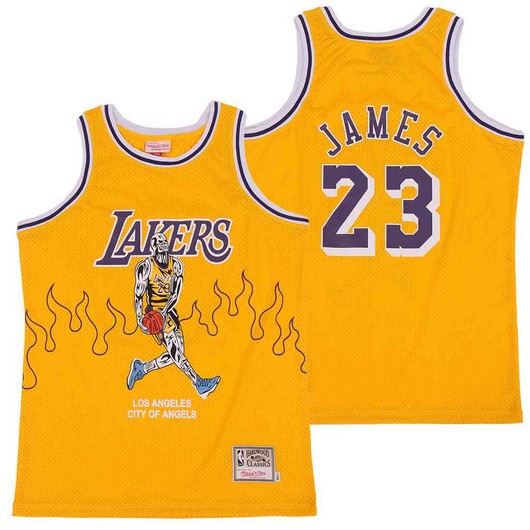 Lakers 23 Lebron James Yellow Hardwood Classics Skull Edition Jersey