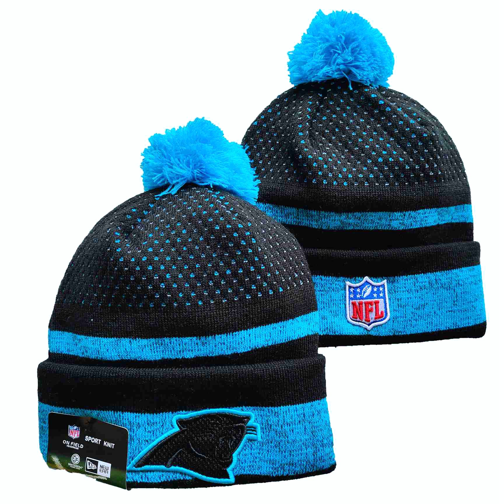 Panthers Team Logo Black and Blue Pom Cuffed Knit Hat YD