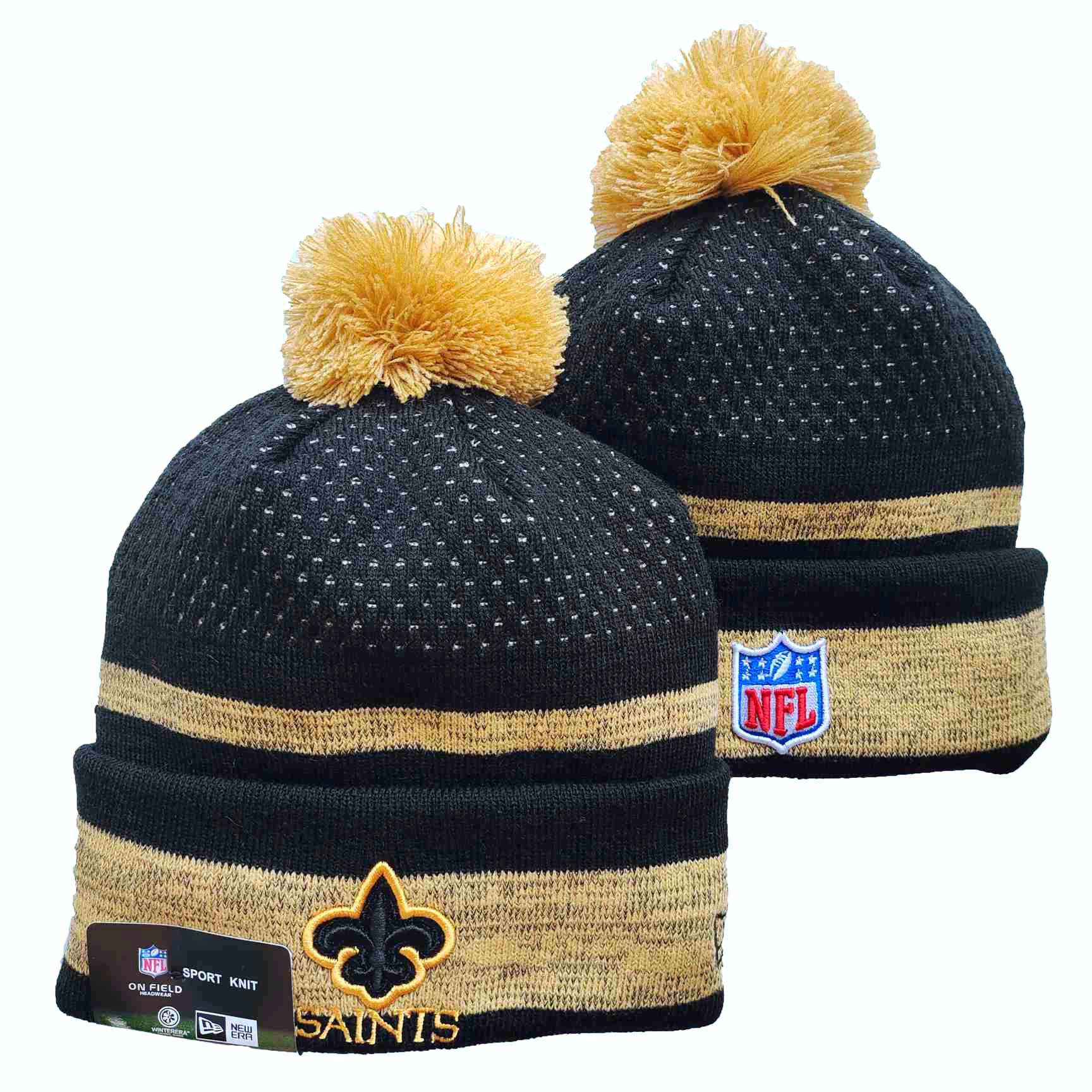 Saints Team Logo Black and Cream Pom Cuffed Knit Hat YD