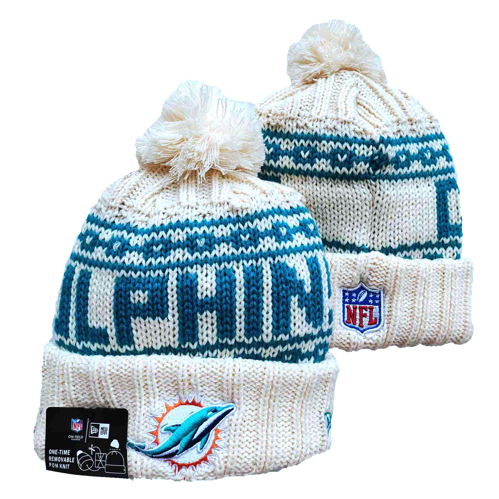 Dolphins Team Logo Cream New Era Cuffed Knit Hat with Pom