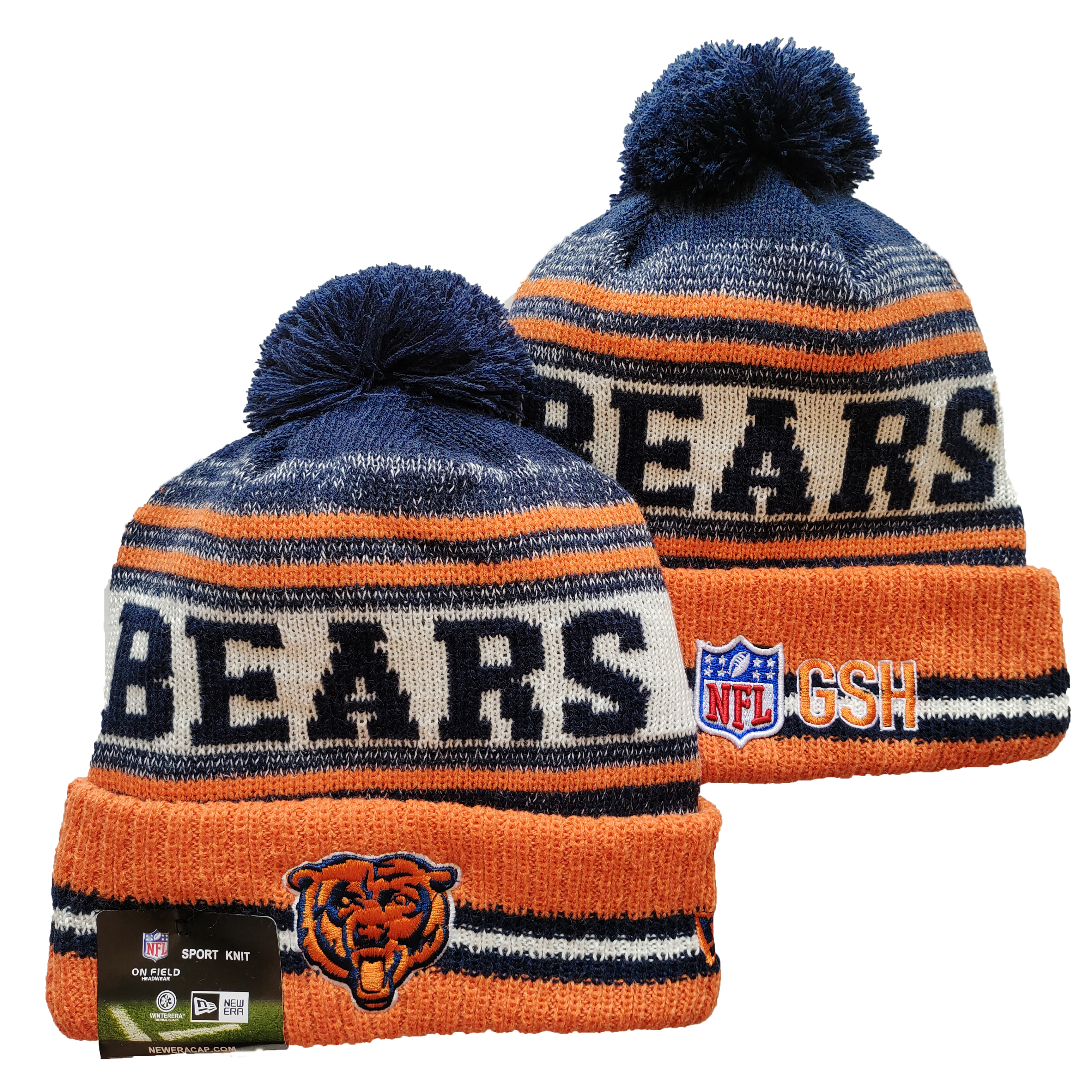 Bears Team Logo Orange and Navy Pom Cuffed Knit Hat YD