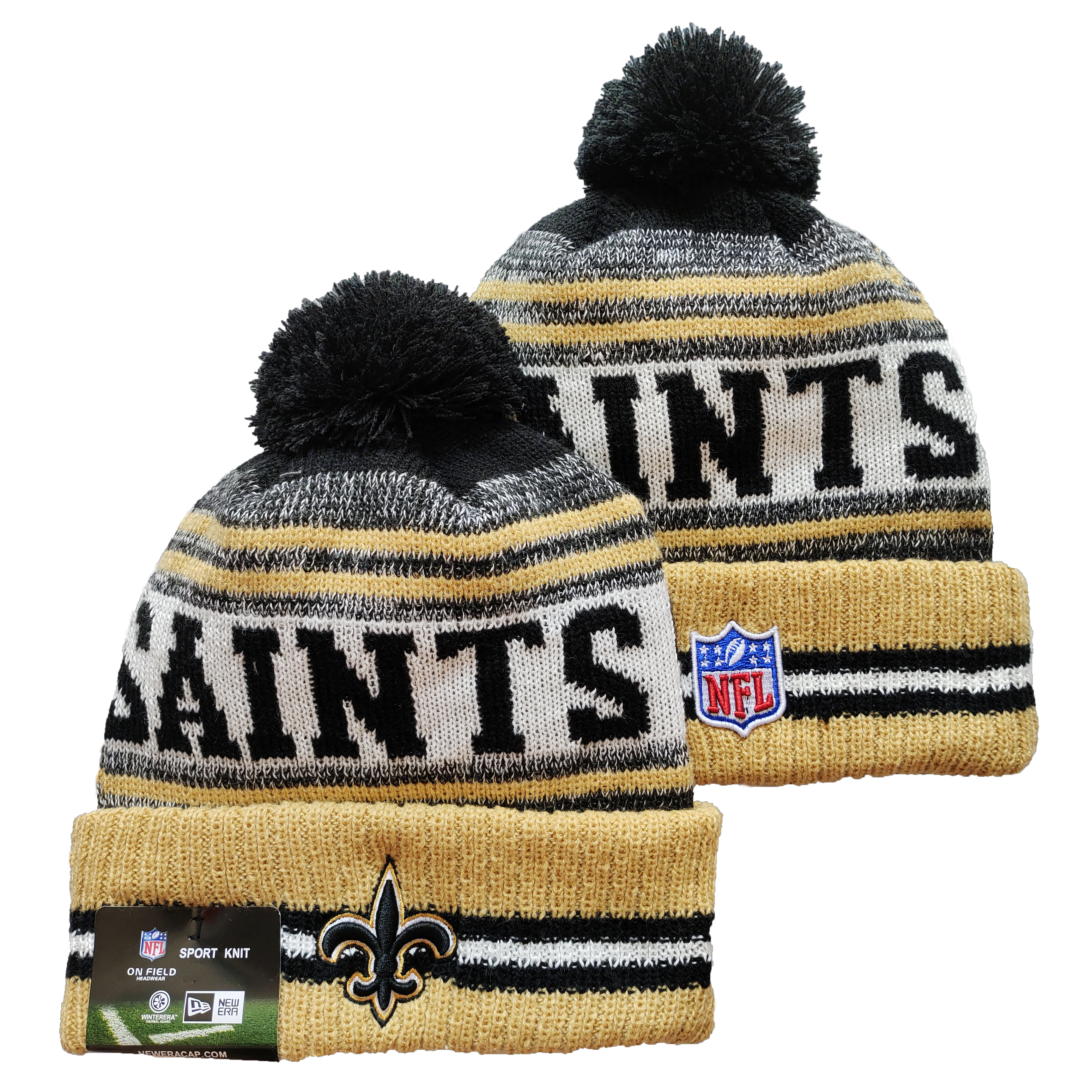 Saints Team Logo Cream and Black Pom Cuffed Knit Hat YD