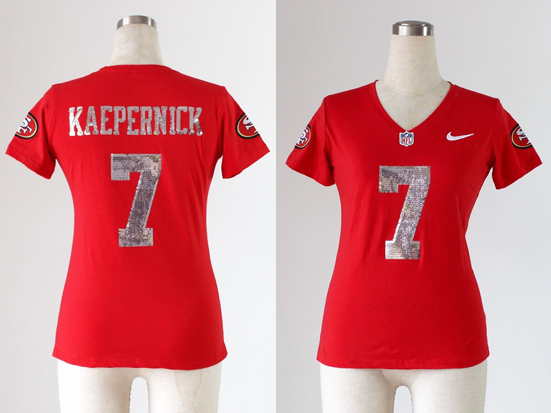 2013 Nike 49ers 7 Kaepernick Red Sequin Lettering Women Jerseys
