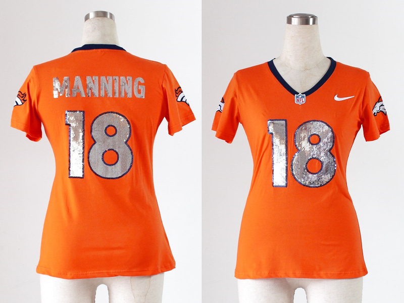 Nike Broncos 18 Manning Orange Sequin Lettering Women Jerseys