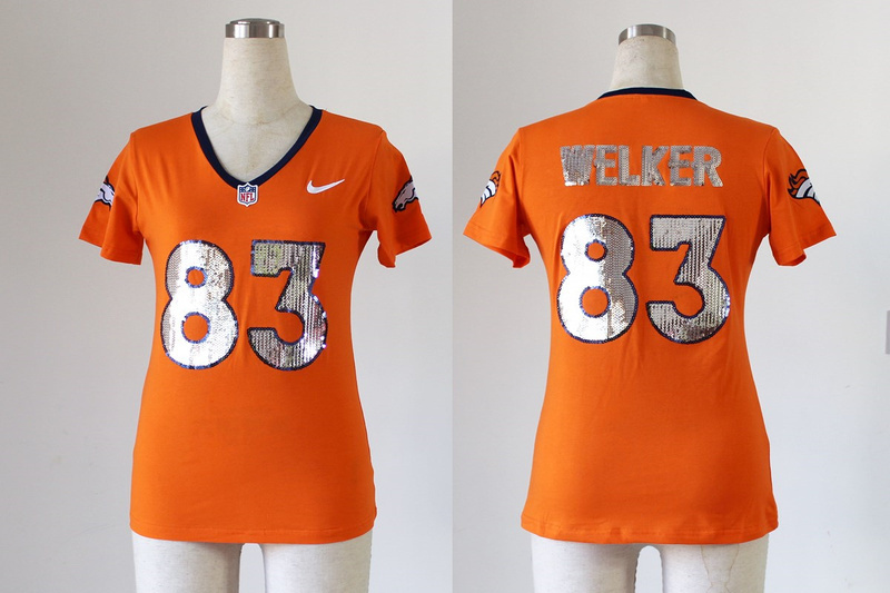 2013 Nike Broncos 83 Welker Orange Sequin Lettering Women Jerseys
