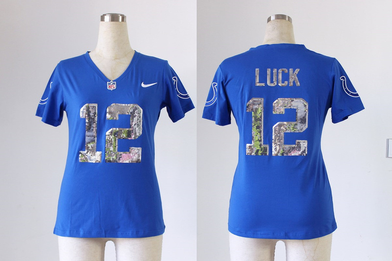 2013 Nike Colts 12 Luck Blue Sequin Lettering Women Jerseys