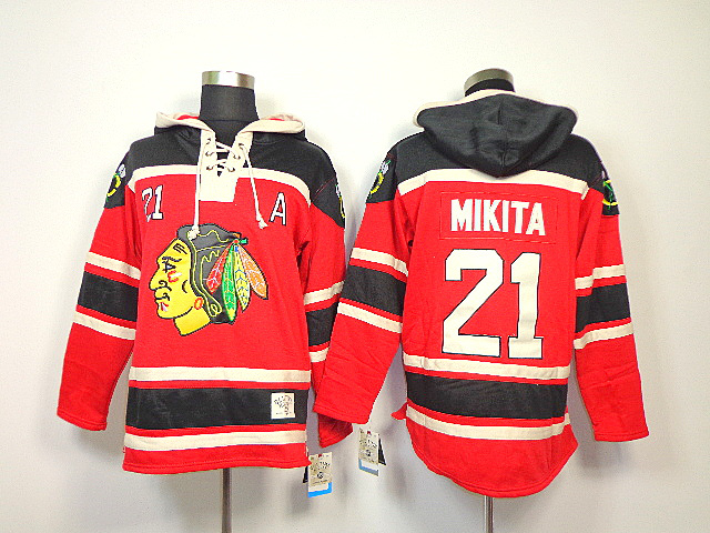 Blackhawks 21 Mikita Red Old Time Hooded Jerseys