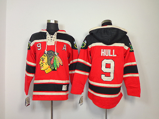 Blackhawks 9 Hull Red Old Time Hooded Jerseys