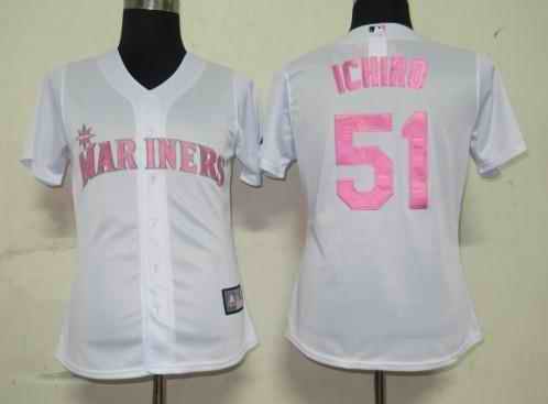 Mariners 51 Ichiro white pink number women Jersey