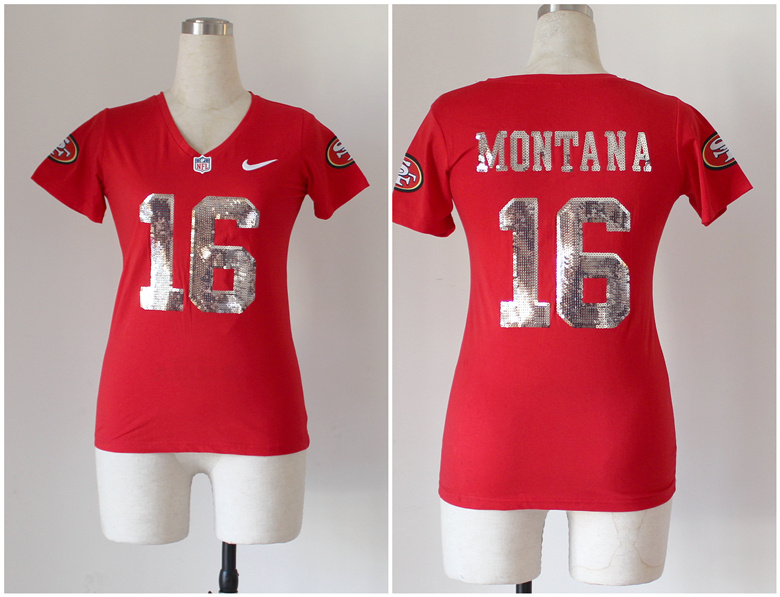 Nike 49ers 16 Joe Montana Red Sequin Lettering Women Jerseys