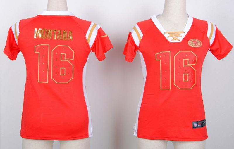 Nike 49ers 16 Joe Montana Red Women's Handwork Sequin lettering Fashion Jerseys
