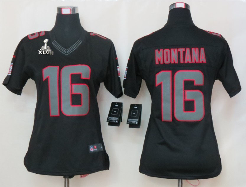 Nike 49ers 16 Montana Black Impact Women Limited 2013 Super Bowl XLVII Jersey