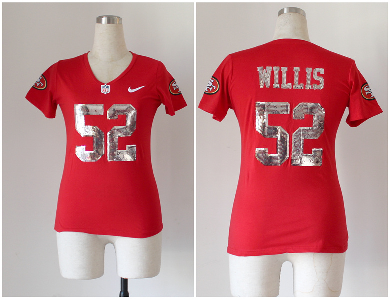 Nike 49ers 52 Willis Red Sequin Lettering Women Jerseys
