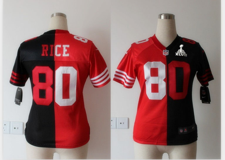 Nike 49ers 80 Rice Black&Red Women Split Elite 2013 Super Bowl XLVII Jersey