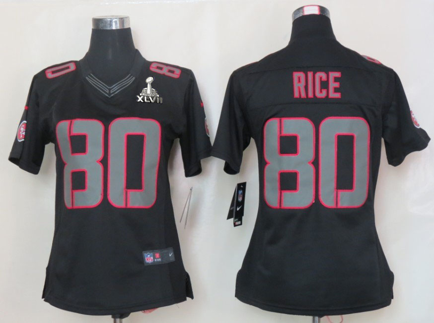 Nike 49ers 80 Rice Black Impact Women Limited 2013 Super Bowl XLVII Jersey