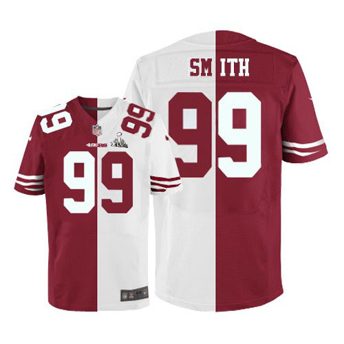 Nike 49ers 99 Aldon Smith White&Red Split Elite 2013 Super Bowl XLVII Jersey