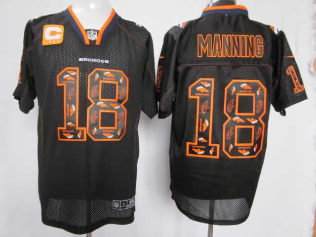 Nike Broncos 18 Peyton Manning Black Lights Out W Captain Patch Elite Jersey