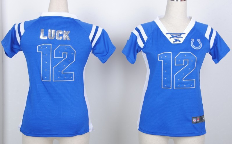Nike Colts 12 Luck Blue Women's Handwork Sequin lettering Fashion Jerseys