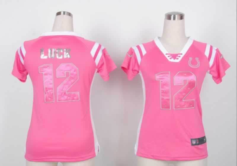 Nike Colts 12 Luck Pink Women's Handwork Sequin lettering Fashion Jerseys