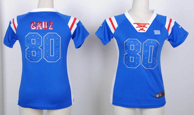Nike Giants 80 Victor Cruz Blue Women's Handwork Sequin lettering Fashion Jerseys