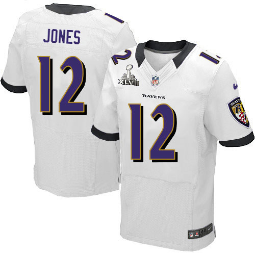 Nike Ravens 12 Jacoby Jones White Elite 2013 Super Bowl XLVII Jersey