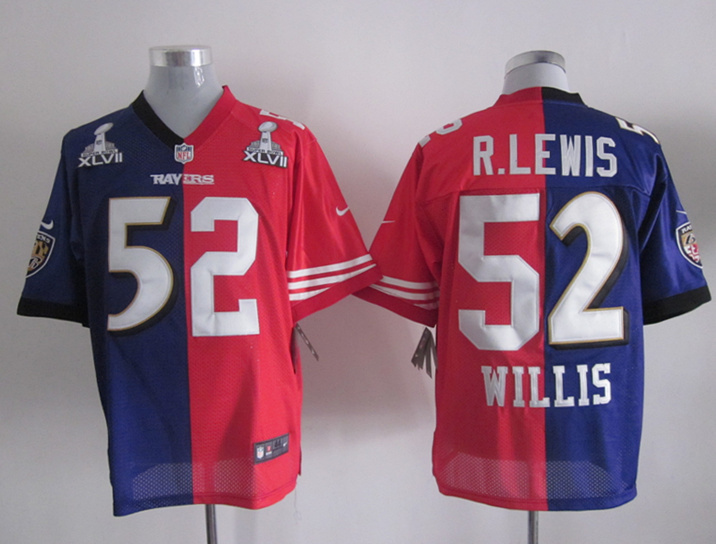Nike Ravens&49ers 52 R.Lewis&Willis Purple&Red Split Elite 2013 Super Bowl XLVII Jerseys