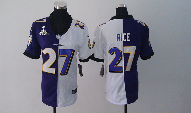 Nike Ravens 27 Rice White&Purple Women Split Elite 2013 Super Bowl XLVII Jersey