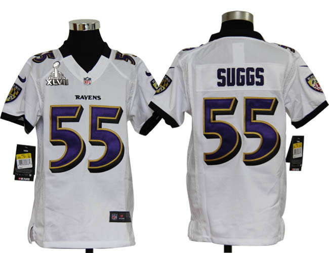 Nike Ravens 55 Suggs white game youth 2013 Super Bowl XLVII Jersey