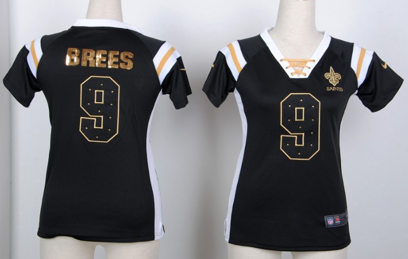 Nike Saints 9 Drew Brees Black Women's Handwork Sequin lettering Fashion Jerseys