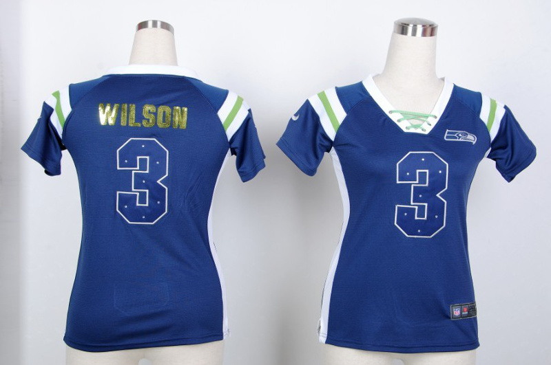 Nike Seahawks 3 Wilson Blue Women's Handwork Sequin lettering Fashion Jerseys
