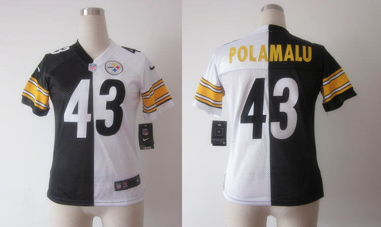Nike Steelers 43 Polamalu Black&White Women Split Elite Jerseys