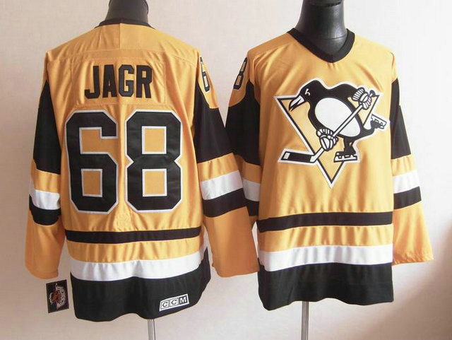 Penguins 68 Jagr Khaki Yellow Jerseys