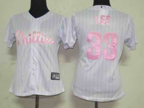 Phillies 33 Lee white pink strip women Jersey