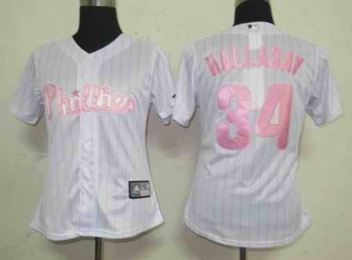 Phillies 34 Halladay white pink strip women Jersey