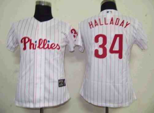 Phillies 34 Halladay white red strip women Jersey