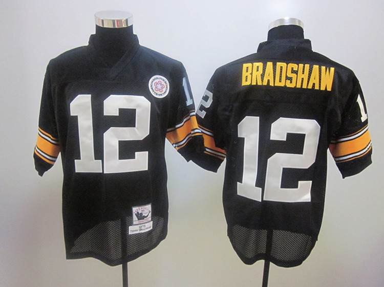 Steelers 12 Terry Bradshaw 1975 Throwback Black Jerseys