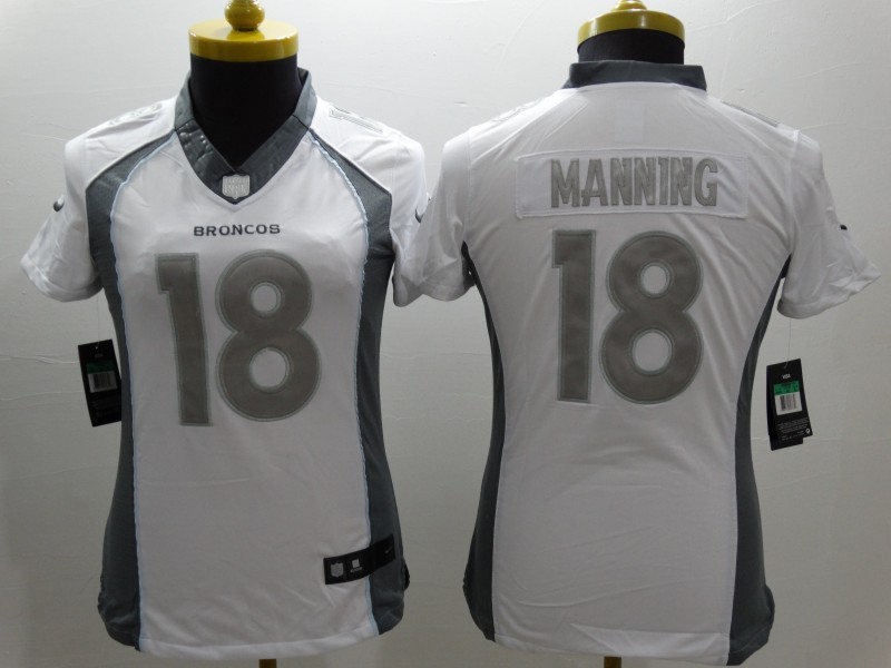 Nike Broncos 18 Manning White Platinum Women Limited Jerseys