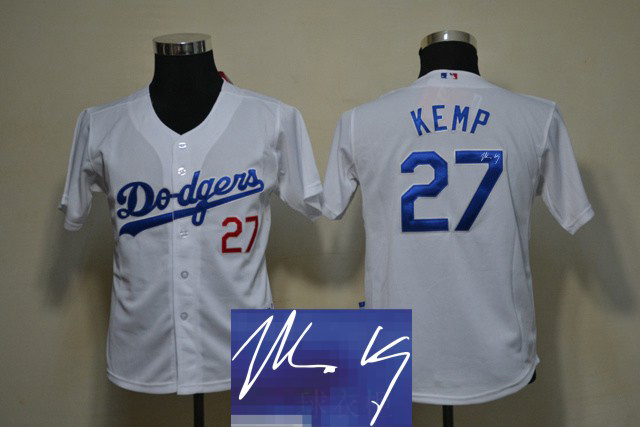 Dodgers 27 Kemp White Signature Edition Youth Jerseys
