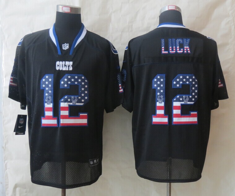 Nike Colts 12 Luck USA Flag Fashion Black Elite Jerseys