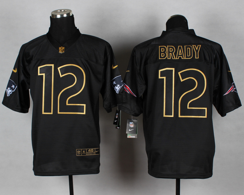Nike Patriots 12 Brady Black Elite 2014 Pro Gold Lettering Fashion Jerseys